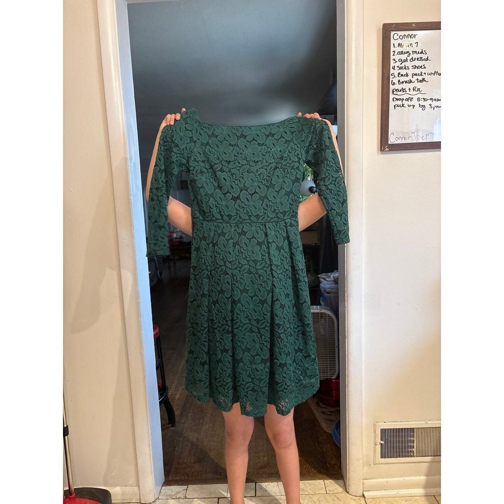Missmay Retro Gorgeous City Dark Green Lace Knee Length Dress Long Sleeve L